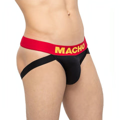 Jock Strap Macho Nero e Rosso con finiture gialle e rosse - Taglia XL