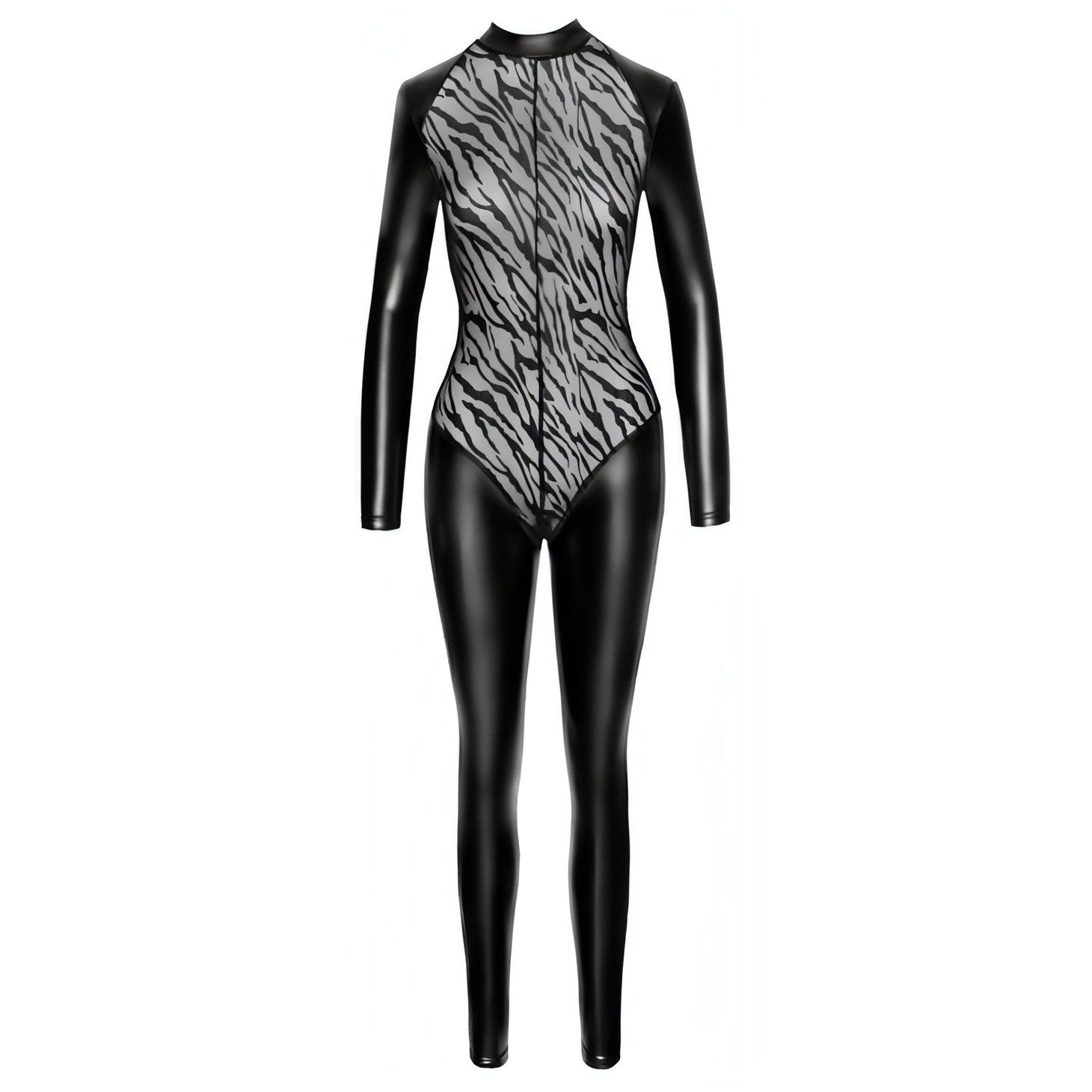 Jumpsuit aderente con inserto di velluto tigrato con trasparenze - Nero Opaco