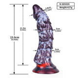Dildo silicone liquido viola con etichetta codice N-SD5009 e misure grafiche
