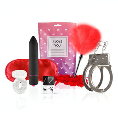 I Love You Gift Box - Stimolatore Clitorideo in Silicone, Anello Vibrante, Feather Tickler, Manette, Benda Satinata,  2x Dadi de