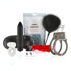 Kinky Fantasy Gift Box - Stimolatore Clitorideo in Silicone, Anello Vibrante, Feather Tickler, Manette, Benda Satinata,  2x Dadi