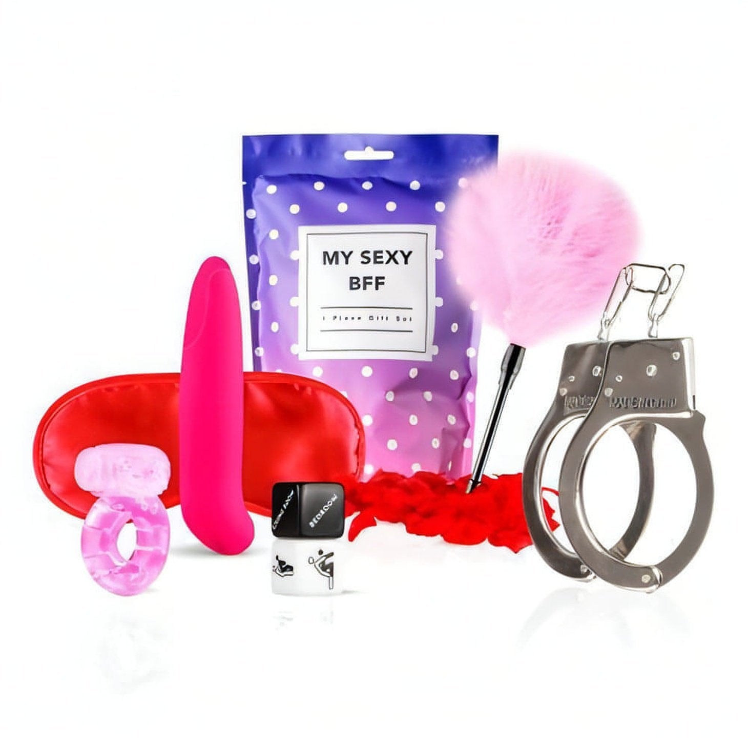 My Sexy BFF Gift Box - Vibratore Punto-G in Silicone, Anello Vibrante, Feather Tickler, Manette, Benda Satinata,  2x Dadi delle