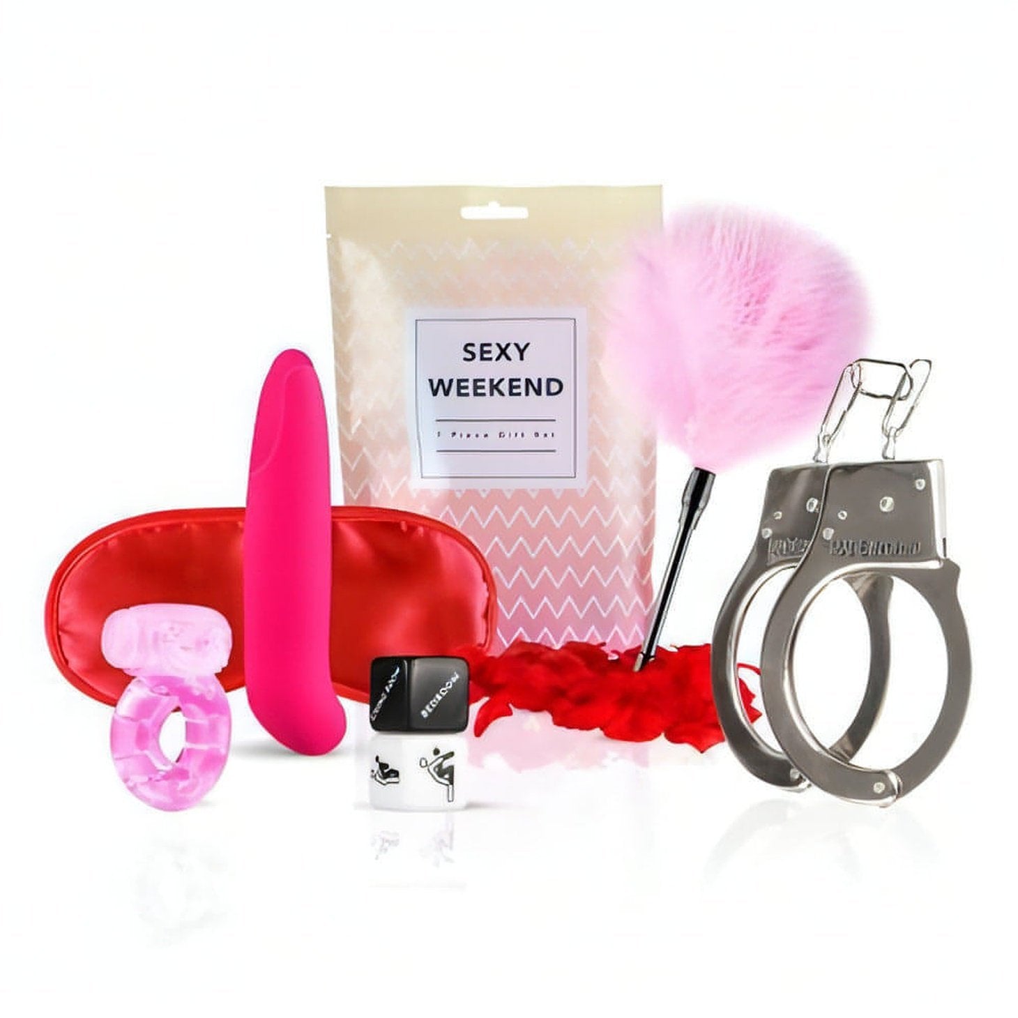 Sexy Weekend Gift Box - Vibratore Punto-G in Silicone, Anello Vibrante, Feather Tickler, Manette, Benda Satinata,  2x Dadi delle