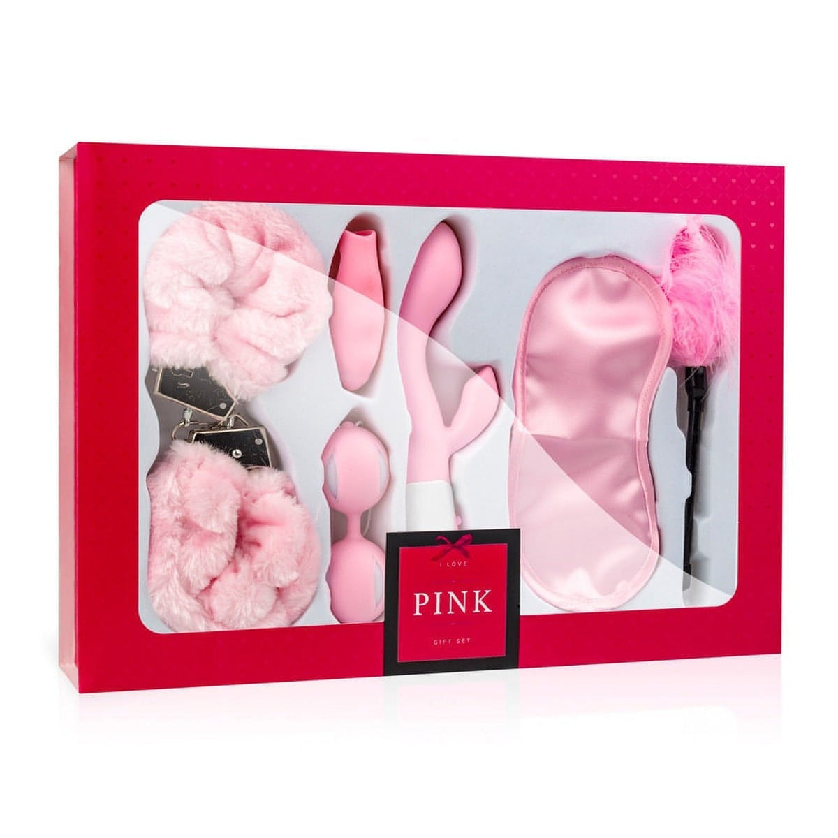 Pink Gift Set - Box regalo composto da Vibratore Rabbit, Palline di Kegel, Finger Sleeve, Manette, Benda Setata e Feather Tickle