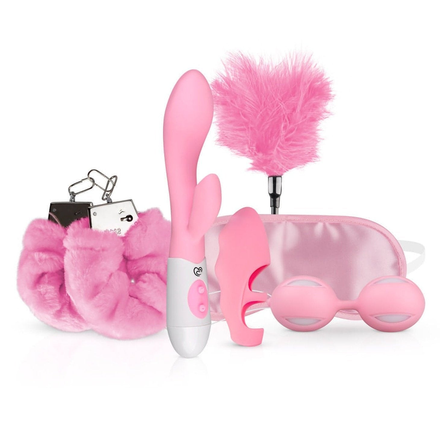 Pink Gift Set - Box regalo composto da Vibratore Rabbit, Palline di Kegel, Finger Sleeve, Manette, Benda Setata e Feather Tickle