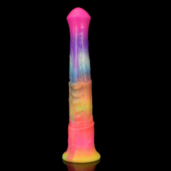 Dildo in silicone a gradiente rosa-blu-giallo con texture anatomica