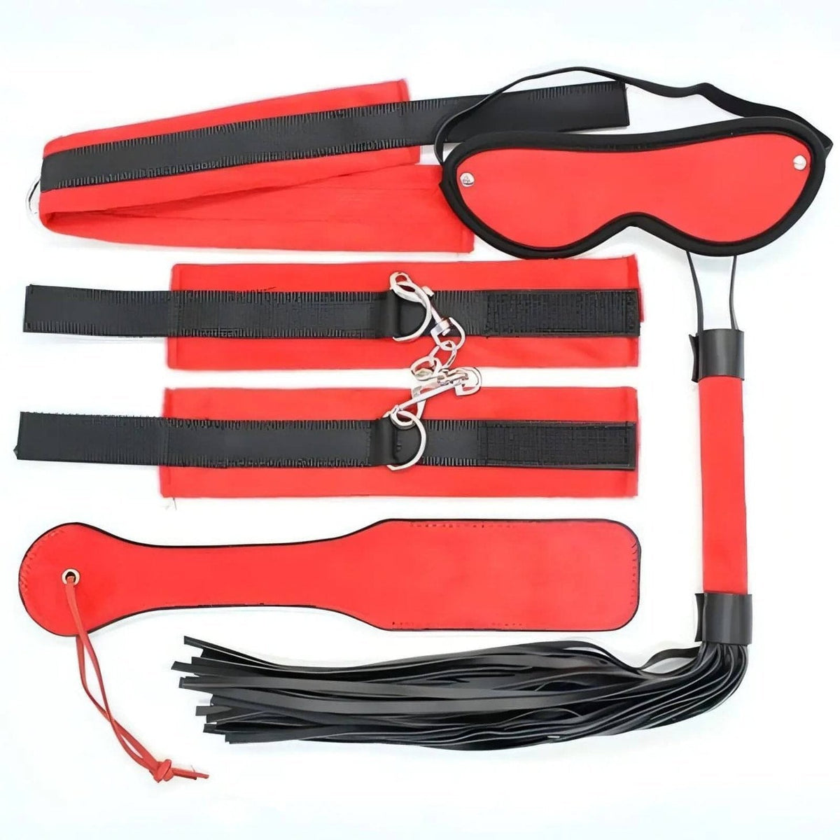 Bondage Red Set - Benda, Polsiere, Collare, Frustino e Sculacciatore