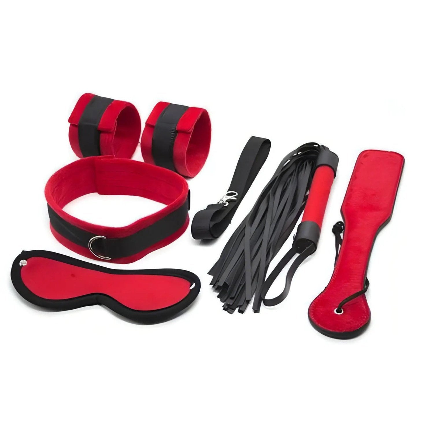 Bondage Red Set - Benda, Polsiere, Collare, Frustino e Sculacciatore