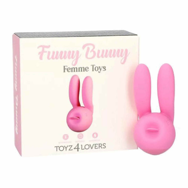Stimolatore clitorideo rosa Funny Bunny accanto alla scatola packaging Femme Toys