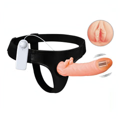 Strap-on Hollow vibrante con sitmolatore clitorideo