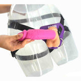 Strap-on rosa acceso con anello metallico e logo FNAK