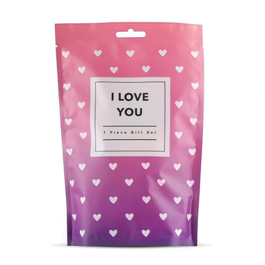 I Love You Gift Box - Stimolatore Clitorideo in Silicone, Anello Vibrante, Feather Tickler, Manette, Benda Satinata,  2x Dadi de LoveBoxxx